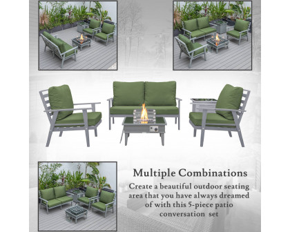 LeisureMod Walbrooke Modern Gray Patio Conversation With Square Fire Pit With Slats Design & Tank Holder - Green