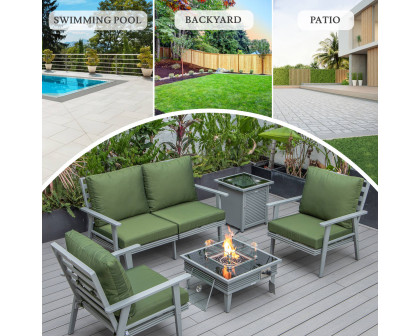 LeisureMod Walbrooke Modern Gray Patio Conversation With Square Fire Pit With Slats Design & Tank Holder - Green