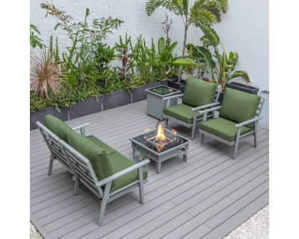 LeisureMod Walbrooke Modern Gray Patio Conversation With Square Fire Pit With Slats Design & Tank Holder - Green