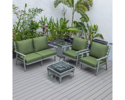 LeisureMod Walbrooke Modern Gray Patio Conversation With Square Fire Pit With Slats Design & Tank Holder - Green