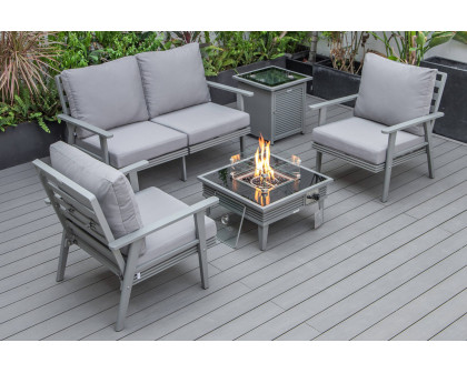 LeisureMod Walbrooke Modern Black Patio Conversation With Square Fire Pit With Slats Design & Tank Holder