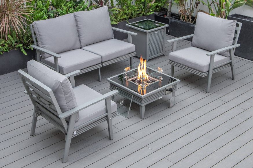 LeisureMod™ Walbrooke Modern Gray Patio Conversation With Square Fire Pit With Slats Design & Tank Holder - Gray