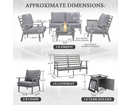 LeisureMod™ Walbrooke Modern Gray Patio Conversation With Square Fire Pit With Slats Design & Tank Holder - Gray