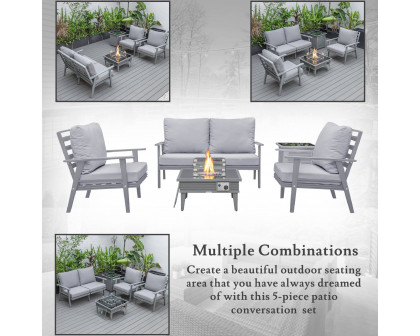 LeisureMod™ Walbrooke Modern Gray Patio Conversation With Square Fire Pit With Slats Design & Tank Holder - Gray