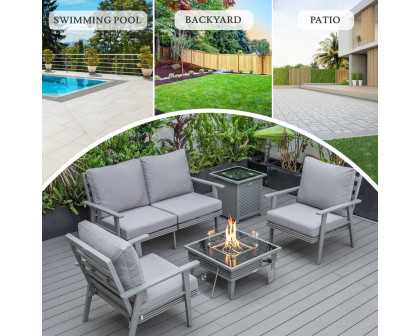 LeisureMod™ Walbrooke Modern Gray Patio Conversation With Square Fire Pit With Slats Design & Tank Holder - Gray