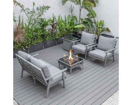 LeisureMod™ Walbrooke Modern Gray Patio Conversation With Square Fire Pit With Slats Design & Tank Holder - Gray