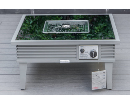 LeisureMod™ Walbrooke Modern Gray Patio Conversation With Square Fire Pit With Slats Design & Tank Holder - Gray