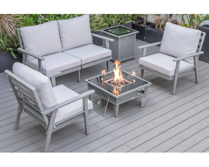 LeisureMod Walbrooke Modern Black Patio Conversation With Square Fire Pit With Slats Design & Tank Holder