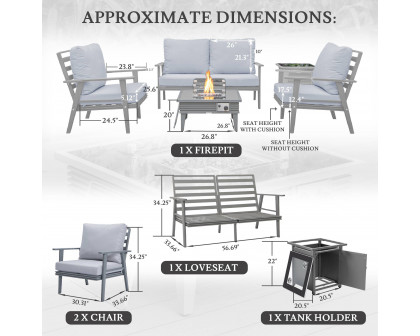 LeisureMod Walbrooke Modern Gray Patio Conversation With Square Fire Pit With Slats Design & Tank Holder - Light Gray