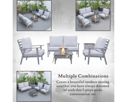 LeisureMod Walbrooke Modern Gray Patio Conversation With Square Fire Pit With Slats Design & Tank Holder - Light Gray