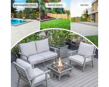 LeisureMod Walbrooke Modern Gray Patio Conversation With Square Fire Pit With Slats Design & Tank Holder - Light Gray