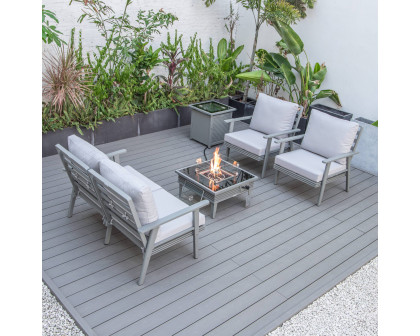 LeisureMod Walbrooke Modern Gray Patio Conversation With Square Fire Pit With Slats Design & Tank Holder - Light Gray