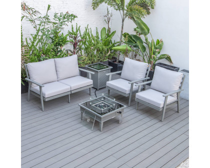 LeisureMod Walbrooke Modern Gray Patio Conversation With Square Fire Pit With Slats Design & Tank Holder - Light Gray