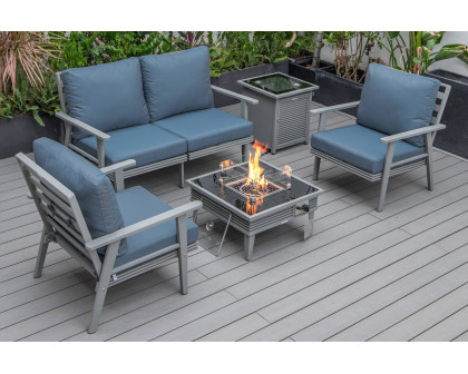 LeisureMod Walbrooke Modern Black Patio Conversation With Square Fire Pit With Slats Design & Tank Holder