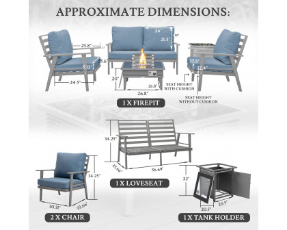 LeisureMod Walbrooke Modern Gray Patio Conversation With Square Fire Pit With Slats Design & Tank Holder - Navy Blue