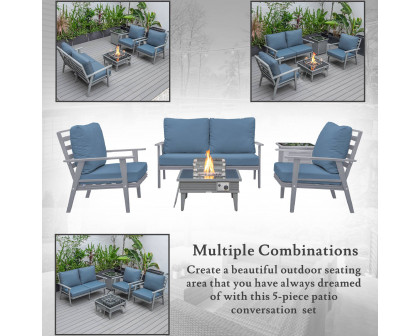 LeisureMod Walbrooke Modern Gray Patio Conversation With Square Fire Pit With Slats Design & Tank Holder - Navy Blue