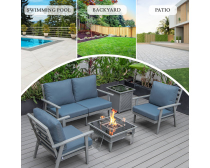 LeisureMod Walbrooke Modern Gray Patio Conversation With Square Fire Pit With Slats Design & Tank Holder - Navy Blue