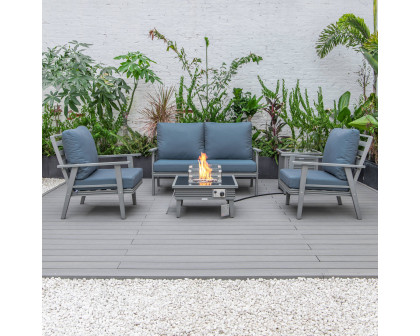 LeisureMod Walbrooke Modern Gray Patio Conversation With Square Fire Pit With Slats Design & Tank Holder - Navy Blue