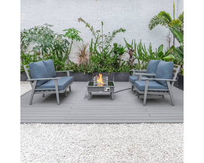 LeisureMod Walbrooke Modern Gray Patio Conversation With Square Fire Pit With Slats Design & Tank Holder - Navy Blue