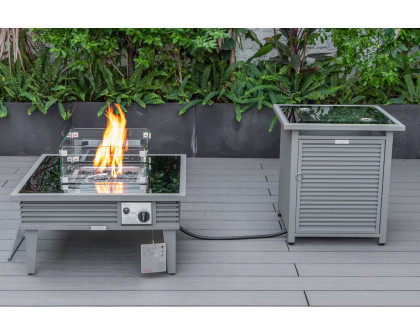 LeisureMod Walbrooke Modern Gray Patio Conversation With Square Fire Pit With Slats Design & Tank Holder - Navy Blue