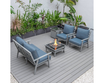 LeisureMod Walbrooke Modern Gray Patio Conversation With Square Fire Pit With Slats Design & Tank Holder - Navy Blue