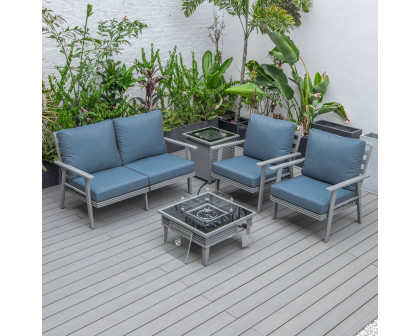 LeisureMod Walbrooke Modern Gray Patio Conversation With Square Fire Pit With Slats Design & Tank Holder - Navy Blue