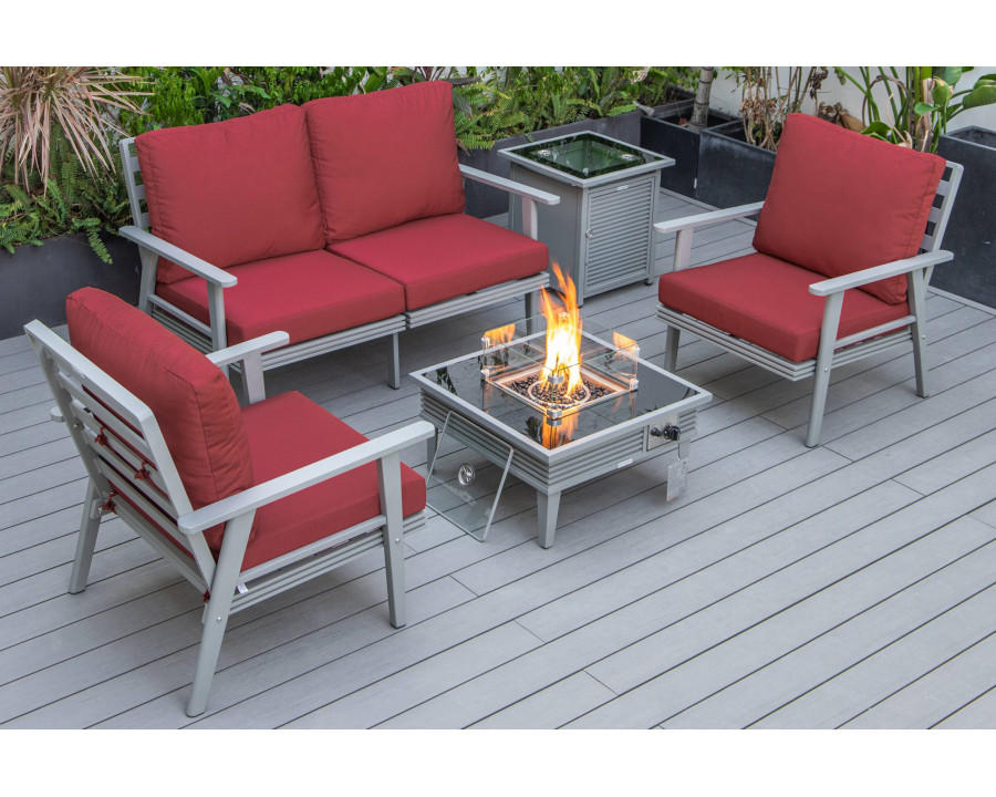 LeisureMod Walbrooke Modern Gray Patio Conversation With Square Fire Pit With Slats Design & Tank Holder - Red