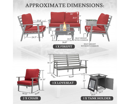 LeisureMod Walbrooke Modern Gray Patio Conversation With Square Fire Pit With Slats Design & Tank Holder - Red