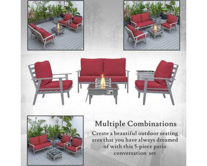 LeisureMod Walbrooke Modern Gray Patio Conversation With Square Fire Pit With Slats Design & Tank Holder - Red