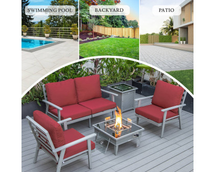 LeisureMod Walbrooke Modern Gray Patio Conversation With Square Fire Pit With Slats Design & Tank Holder - Red