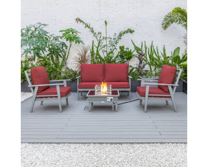 LeisureMod Walbrooke Modern Gray Patio Conversation With Square Fire Pit With Slats Design & Tank Holder - Red