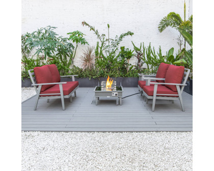 LeisureMod Walbrooke Modern Gray Patio Conversation With Square Fire Pit With Slats Design & Tank Holder - Red