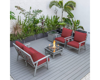 LeisureMod Walbrooke Modern Gray Patio Conversation With Square Fire Pit With Slats Design & Tank Holder - Red