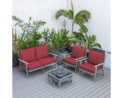 LeisureMod Walbrooke Modern Gray Patio Conversation With Square Fire Pit With Slats Design & Tank Holder - Red