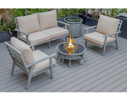 LeisureMod Walbrooke Modern Black Patio Conversation With Round Fire Pit With Slats Design & Tank Holder