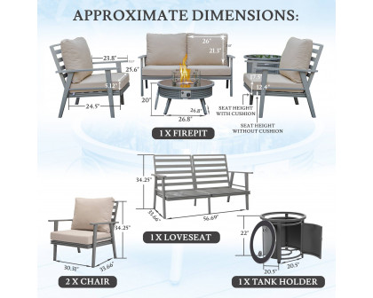 LeisureMod Walbrooke Modern Gray Patio Conversation With Round Fire Pit With Slats Design & Tank Holder - Beige