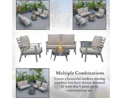 LeisureMod Walbrooke Modern Gray Patio Conversation With Round Fire Pit With Slats Design & Tank Holder - Beige