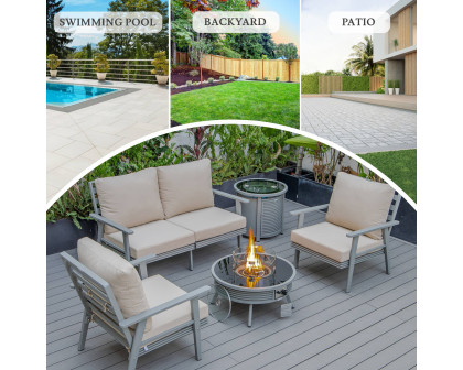 LeisureMod Walbrooke Modern Gray Patio Conversation With Round Fire Pit With Slats Design & Tank Holder - Beige