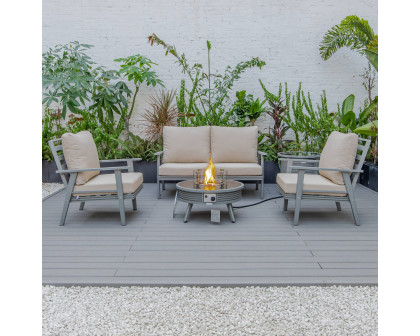 LeisureMod Walbrooke Modern Gray Patio Conversation With Round Fire Pit With Slats Design & Tank Holder - Beige