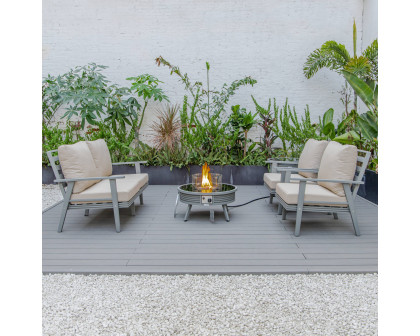 LeisureMod Walbrooke Modern Gray Patio Conversation With Round Fire Pit With Slats Design & Tank Holder - Beige