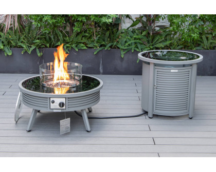 LeisureMod Walbrooke Modern Gray Patio Conversation With Round Fire Pit With Slats Design & Tank Holder - Beige