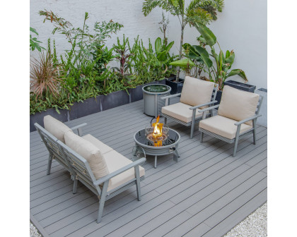 LeisureMod Walbrooke Modern Gray Patio Conversation With Round Fire Pit With Slats Design & Tank Holder - Beige