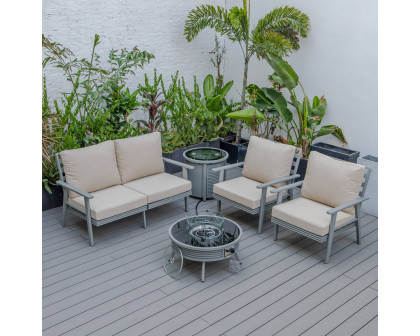 LeisureMod Walbrooke Modern Gray Patio Conversation With Round Fire Pit With Slats Design & Tank Holder - Beige