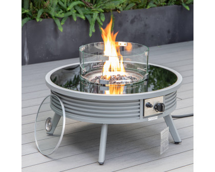 LeisureMod Walbrooke Modern Gray Patio Conversation With Round Fire Pit With Slats Design & Tank Holder - Beige