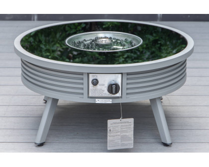 LeisureMod Walbrooke Modern Gray Patio Conversation With Round Fire Pit With Slats Design & Tank Holder - Beige