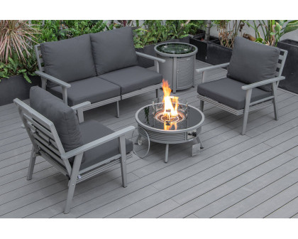 LeisureMod Walbrooke Modern Black Patio Conversation With Round Fire Pit With Slats Design & Tank Holder