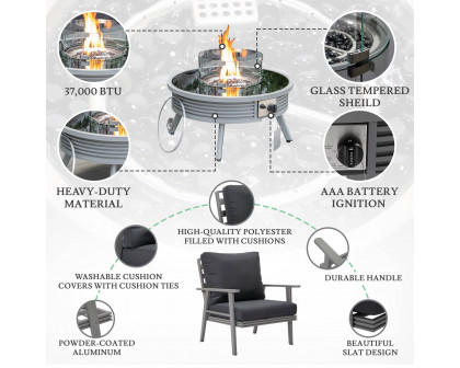 LeisureMod Walbrooke Modern Gray Patio Conversation With Round Fire Pit With Slats Design & Tank Holder - Charcoal