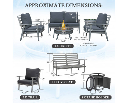 LeisureMod Walbrooke Modern Gray Patio Conversation With Round Fire Pit With Slats Design & Tank Holder - Charcoal