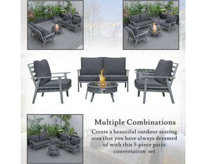 LeisureMod Walbrooke Modern Gray Patio Conversation With Round Fire Pit With Slats Design & Tank Holder - Charcoal