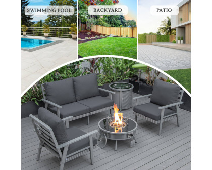 LeisureMod Walbrooke Modern Gray Patio Conversation With Round Fire Pit With Slats Design & Tank Holder - Charcoal